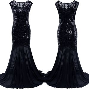 1920s Long sequin art deco black gown